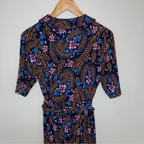 Boden Dress Size 2 US Navy Blue Pink Jersey Wrap Floral Midi Sleeves “Lavinia” - Picture 9 of 11